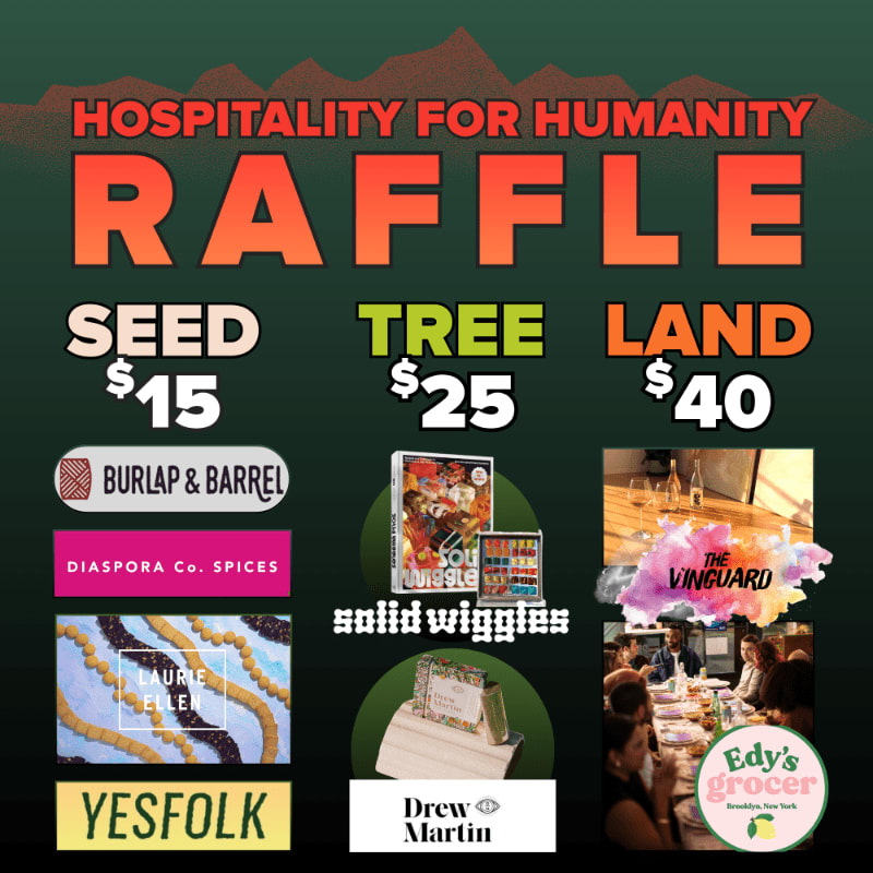 A promotional raffle flyer for "Hospitality for Humanity" features ticket tiers and sponsor logos in the foreground against a dark green background with orange mountain silhouettes.