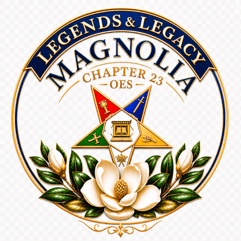 A circular emblem featuring a colorful five-pointed star and text in the center, framed by white magnolia blossoms and green leaves in the foreground against a transparent background.