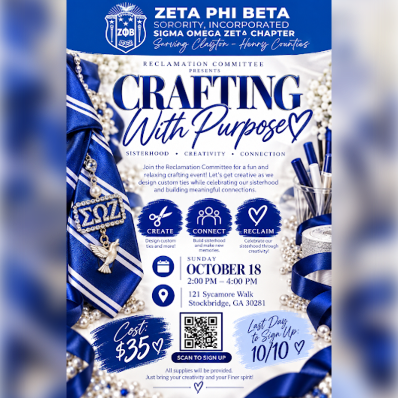 A blue and white event flyer for "Crafting With Purpose" is framed by a blue striped tie, pearls, and crafting supplies against a soft, blurred background.