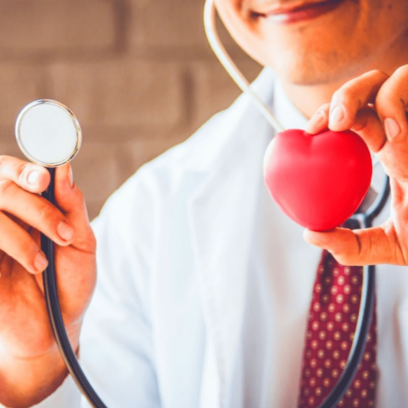 A doctor in a white coat holds a stethoscope and a red heart model against a blurred brick wall background.