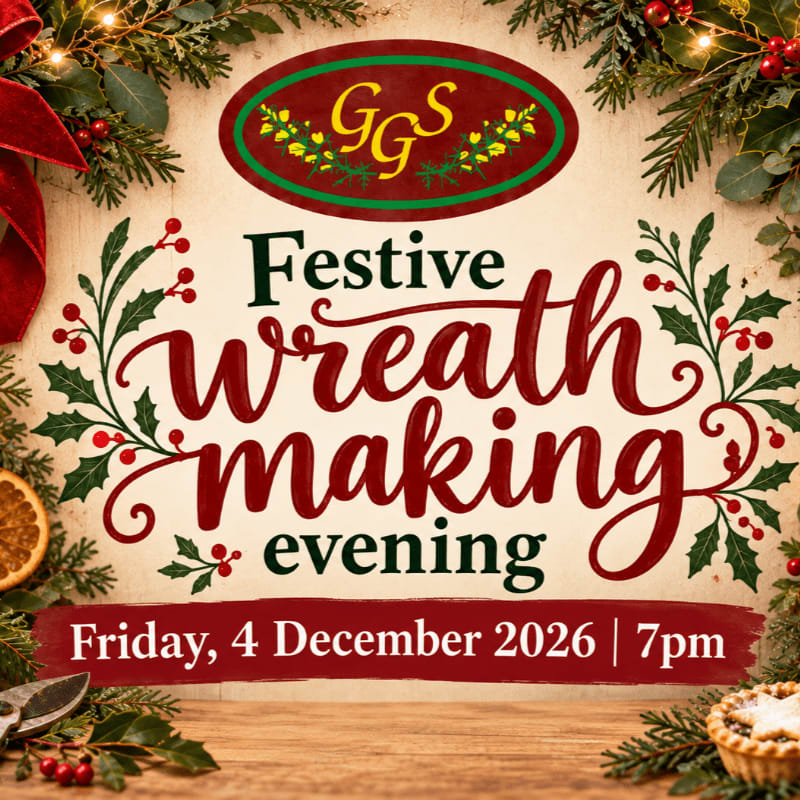 Festive text for a wreath making evening is centered on a light background, framed by holiday greenery and berries in the foreground and corners.