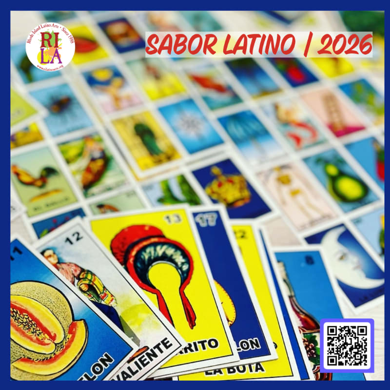 A few colorful Lotería cards are in sharp focus in the foreground, with many more blurred cards spread across the background under the text "SABOR LATINO / 2026".