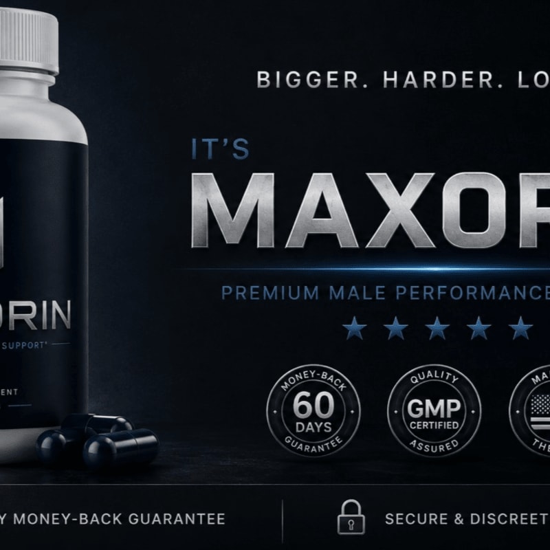 A black supplement bottle and capsules sit in the foreground against a dark background featuring bold metallic text and quality certification seals.