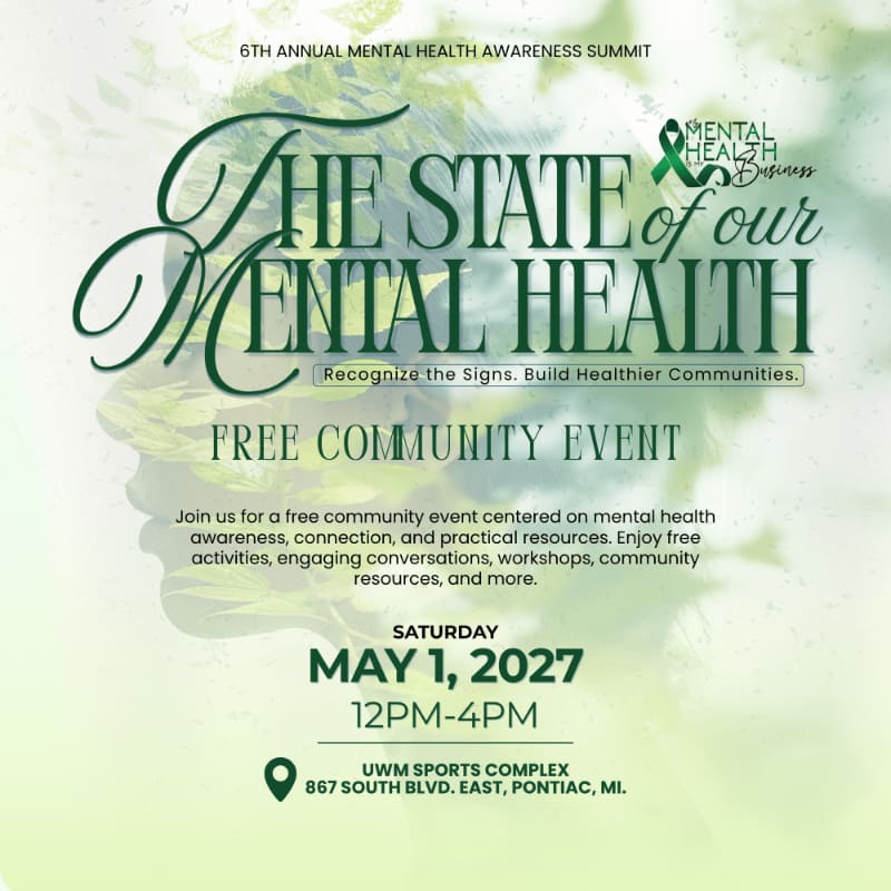 Green text and event details for a mental health summit are layered over a light background featuring a faint artistic profile of a face and soft green foliage.