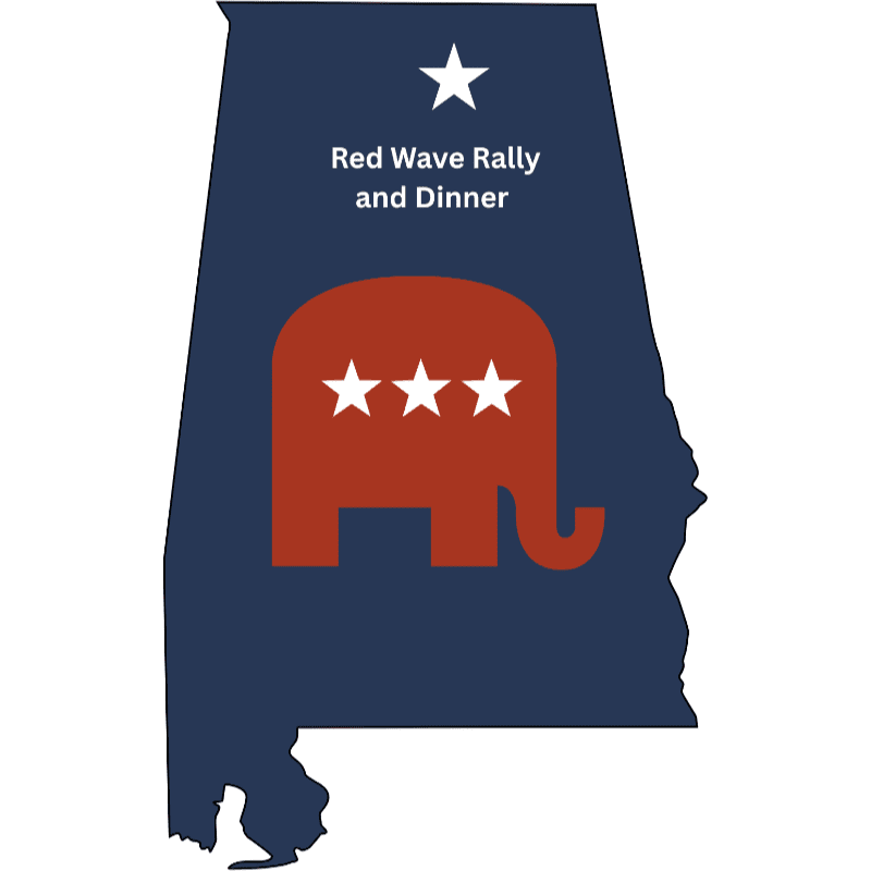 A red elephant with three white stars and the text "Red Wave Rally and Dinner" are centered within a dark blue silhouette of Alabama.