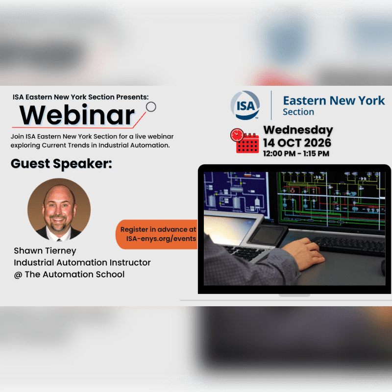 A webinar announcement for the ISA Eastern New York Section featuring guest speaker Shawn Tierney is set against a blurred, light-colored background.