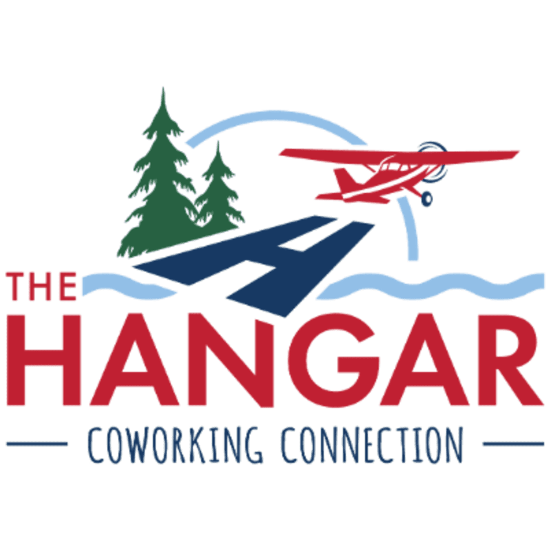 A red airplane flies over a blue runway and green pine trees, positioned above the red text "THE HANGAR" and the blue phrase "COWORKING CONNECTION" against a white background.