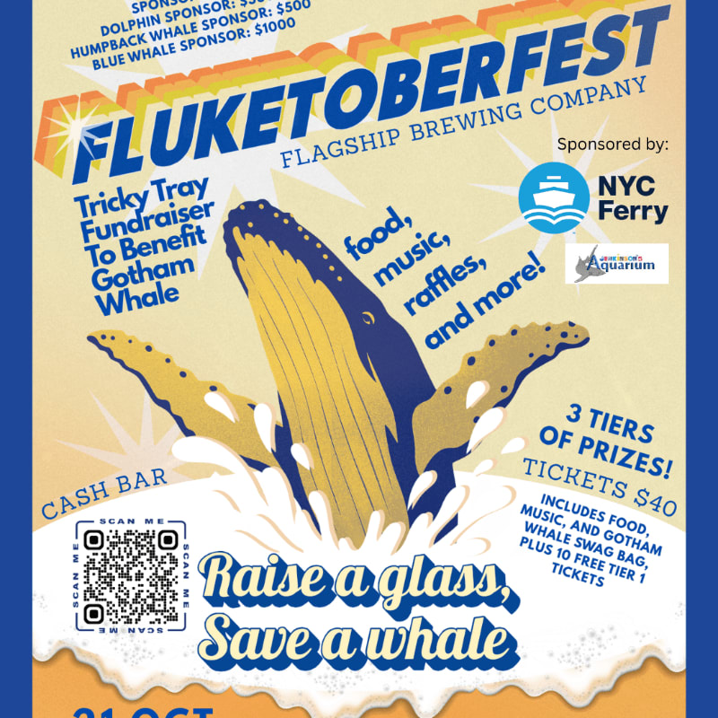 A stylized whale leaping from white splashes dominates the foreground of a colorful event poster for "Fluketoberfest," set against a light yellow background filled with event details and sponsor logos.
