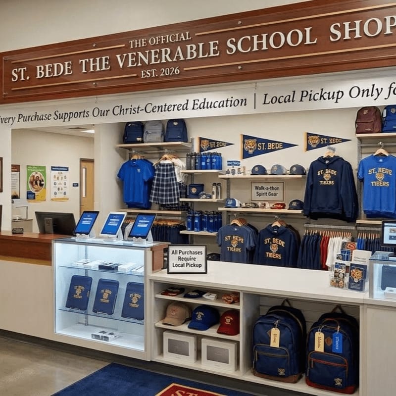 A school shop interior features branded apparel and backpacks on display shelves in the foreground and background, beneath a large wooden sign.