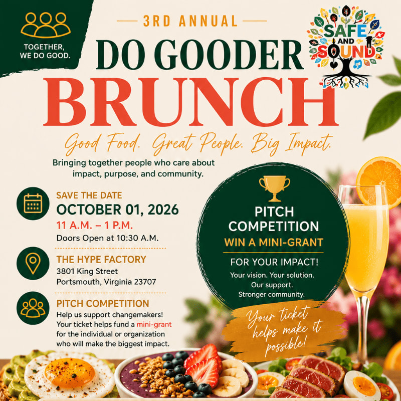 A promotional flyer for the "Do Gooder Brunch" features event details and a pitch competition announcement in the foreground, set against a background of fresh brunch foods and a bright, blurred natural setting.
