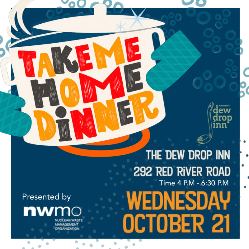 A colorful "Take Me Home Dinner" pot graphic sits in the foreground against a dark blue background featuring event details and a logo.