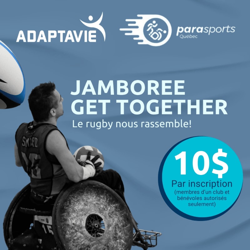 A man in a wheelchair holding a rugby ball is in the foreground, set against a blue background featuring event text and organization logos.