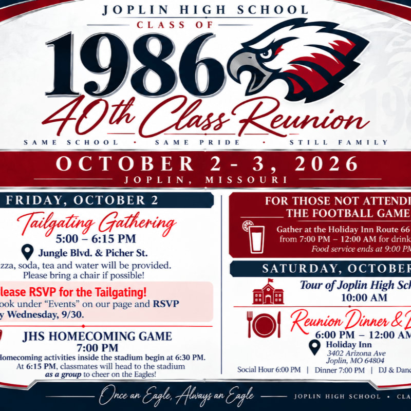 A detailed invitation for the Joplin High School Class of 1986 40th reunion is set against a white background with red and blue accents.