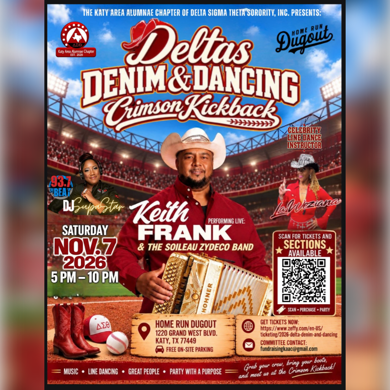 A promotional flyer for the "Deltas Denim & Dancing Crimson Kickback" event features a man with an accordion and two women in the foreground against the background of a crowded baseball stadium.