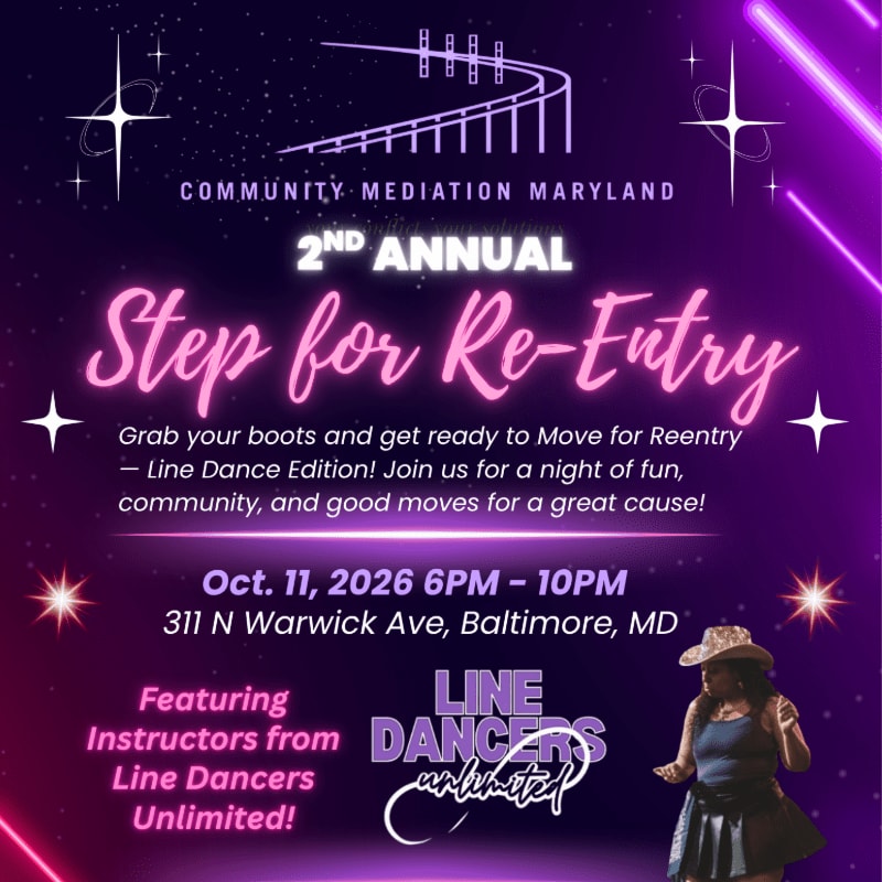 A promotional flyer for the "2nd Annual Step for Re-Entry" event features white and pink text over a dark purple starry background with neon accents and a woman in a cowboy hat in the bottom right foreground.