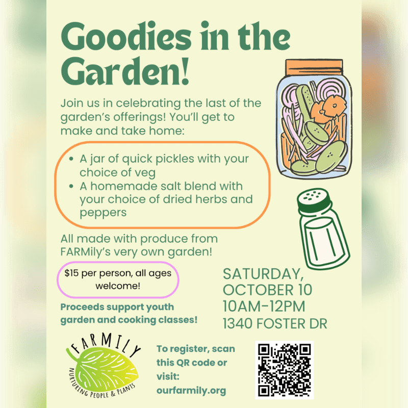 A promotional flyer for "Goodies in the Garden!" features event details and illustrations of a pickle jar and salt shaker against a pale yellow background.