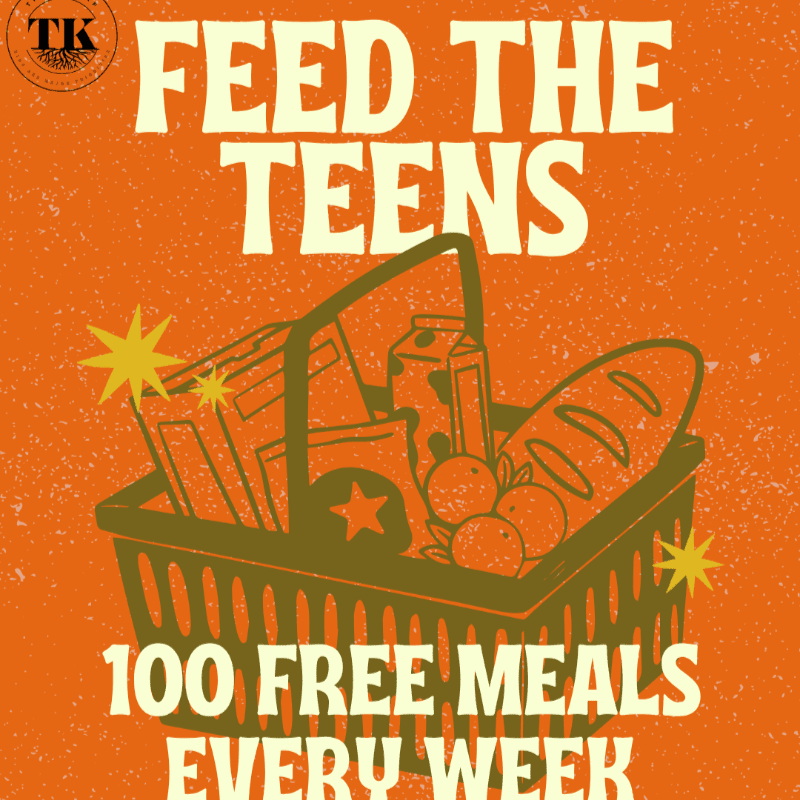 A grocery basket filled with food sits in the foreground against a textured orange background with the text "FEED THE TEENS" and "100 FREE MEALS EVERY WEEK."