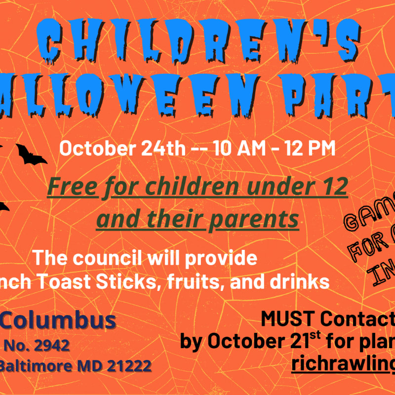 Blue and green text announcing a children's Halloween party is set against an orange background featuring a spiderweb and black bats.