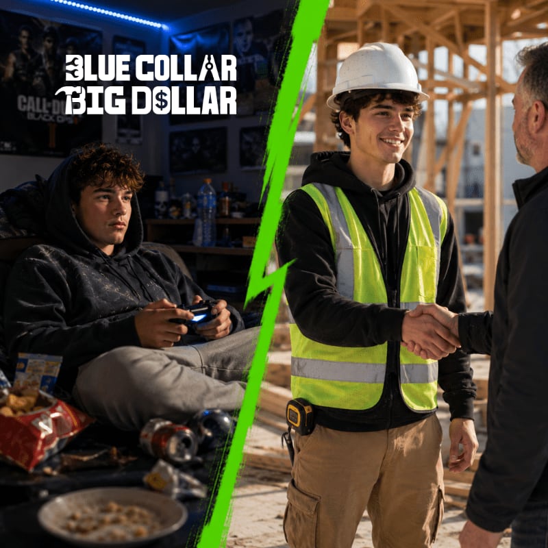 A young man playing video games in a dark room is contrasted with a young man in construction gear shaking hands at a building site.