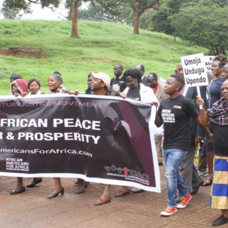 A group of people hold a large banner for African peace and prosperity in the foreground, with a grassy hill and trees in the background.