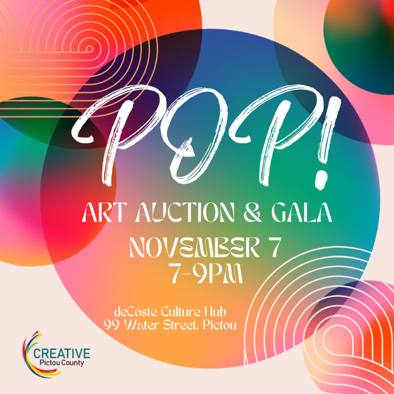 White text announcing an "Art Auction & Gala" on November 7th sits atop a large blue and orange gradient circle, set against a background of colorful abstract shapes and swirls.