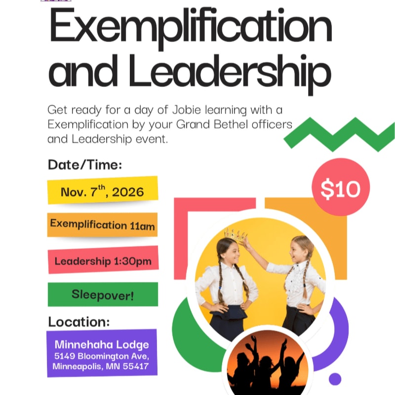 A promotional flyer for an "Exemplification and Leadership" event features event details and a red price tag in the foreground, set against a white background with colorful geometric shapes and photos of girls.
