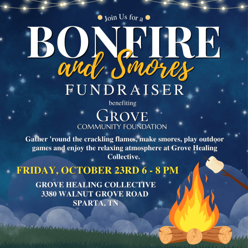 A bonfire and s'mores fundraiser announcement is displayed in the foreground against a starry night sky background.