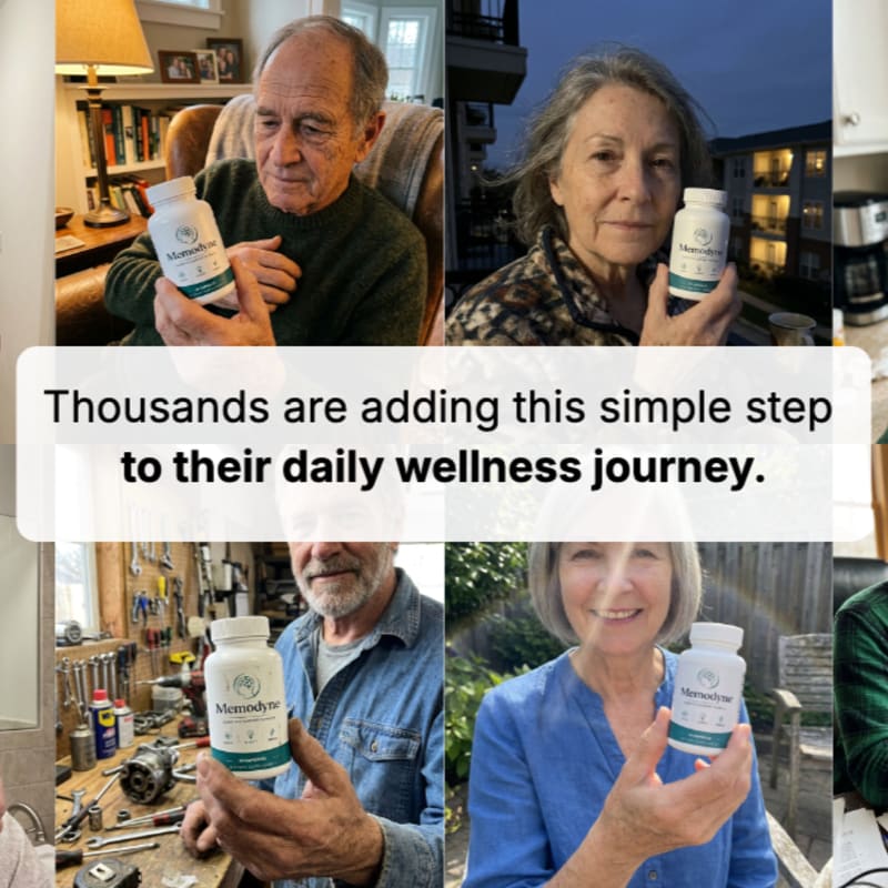 Four elderly people hold bottles of Memodyne supplement in various indoor and outdoor settings, with a central text overlay stating that thousands are adding this step to their wellness journey.