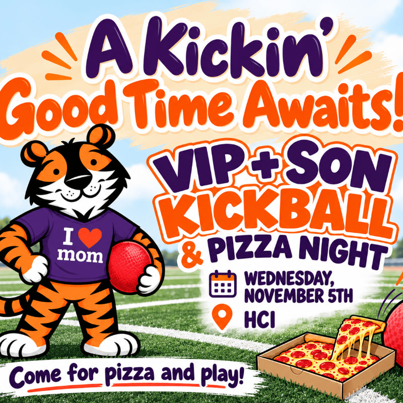 A cartoon tiger wearing an "I love mom" shirt stands in the foreground of a grassy sports field with colorful event text in the background.