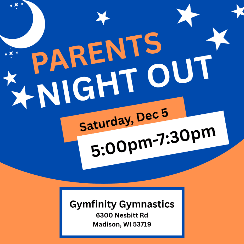 Text announcing a "Parents Night Out" event on December 5th is set against a blue night sky background with a crescent moon and stars.