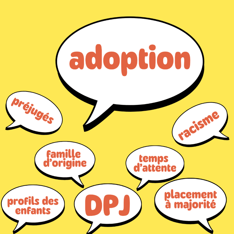 Various white speech bubbles containing French words related to adoption, such as "racisme" and "DPJ," are scattered across a solid yellow background.
