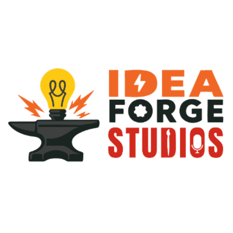 A glowing lightbulb sits atop a black anvil in the foreground, with the orange and red text "IDEA FORGE STUDIOS" in the background.