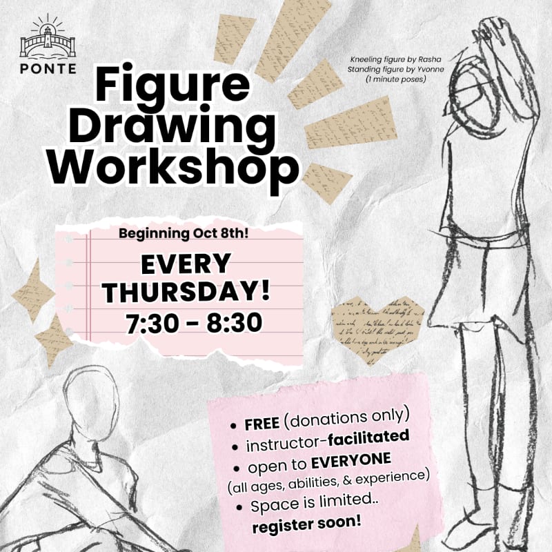 A promotional flyer for a Figure Drawing Workshop features bold black text and sketch-style figures over a textured, crumpled paper background with torn notebook scraps.