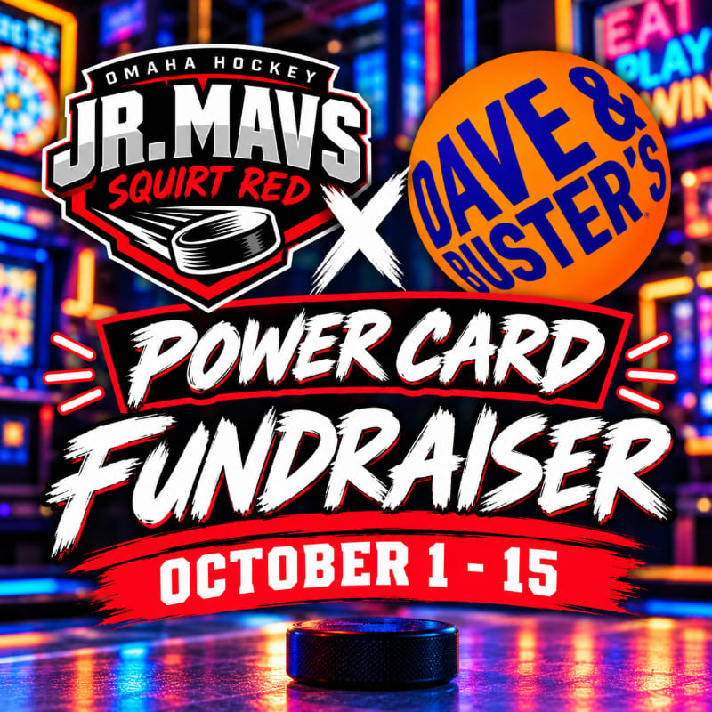 A hockey puck sits in the foreground of a promotional flyer for a Power Card Fundraiser featuring the Jr. Mavs and Dave & Buster's against a blurred arcade background.