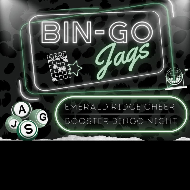 Neon green signs for "BIN-GO Jags" and "Emerald Ridge Cheer Booster Bingo Night" sit atop a leopard print background with bingo balls in the foreground.