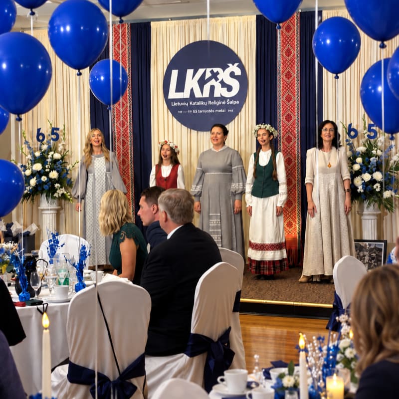 Guests sit at white-clothed tables in the foreground while five women in traditional and formal attire stand on a stage before a large "LKRS" logo and blue balloons.