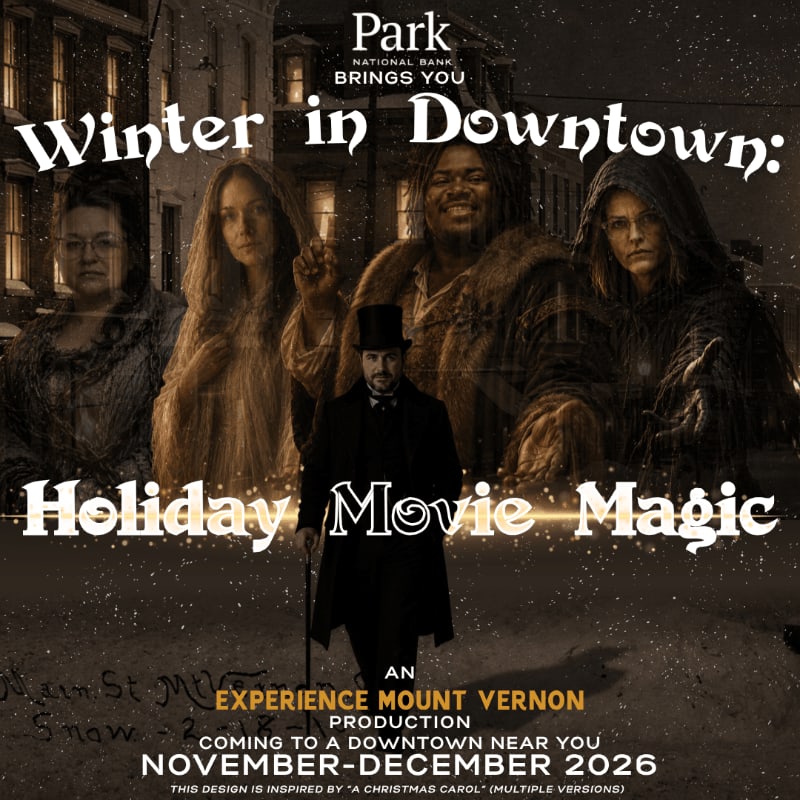 A man in a top hat and black coat stands in the foreground, while four ghostly figures loom behind him against a dark, snowy street background.