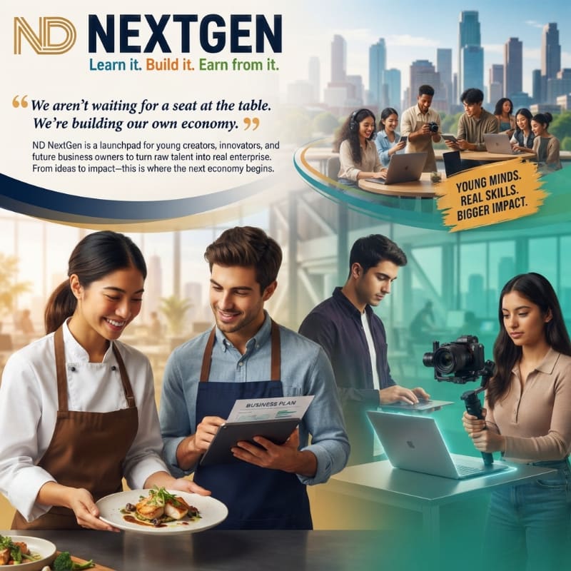 Diverse young professionals in culinary and digital fields occupy the foreground, while a city skyline and students in a modern workspace fill the background.