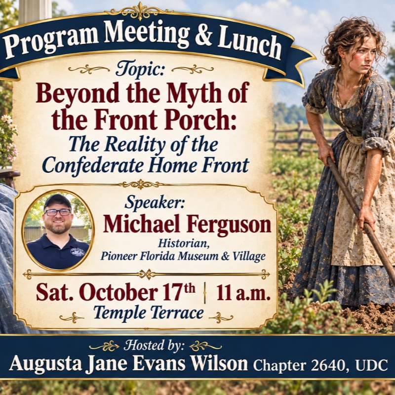 An event flyer for a program meeting and lunch featuring a woman working in a field in the background and text with a speaker's portrait in the foreground.