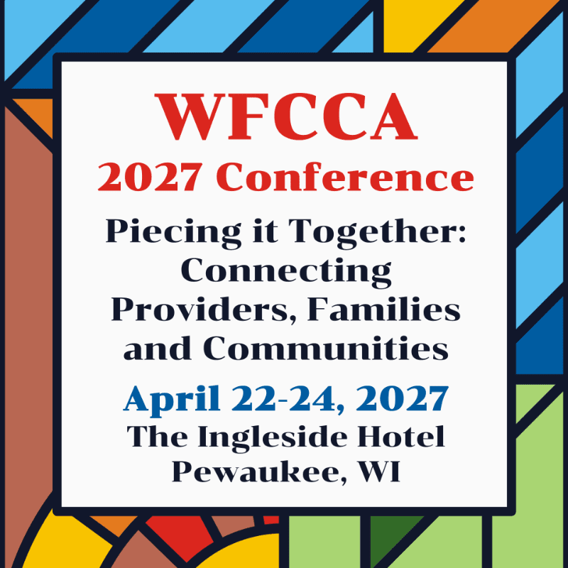 A white central square containing red and black text for the WFCCA 2027 Conference is set against a colorful, geometric stained-glass background.