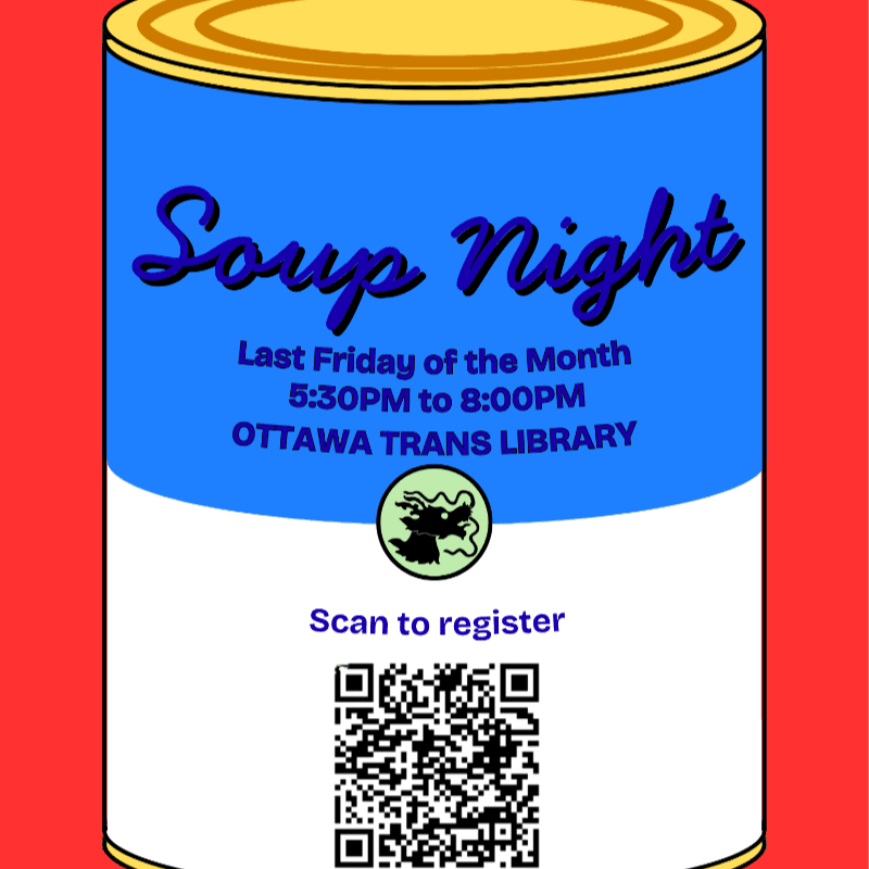 A blue and white soup can with "Soup Night" and event details is centered on a red background, with a QR code at the bottom.