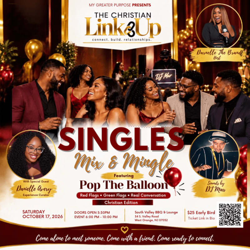 A promotional flyer for "The Christian Link Up Singles Mix & Mingle" event features a group of smiling people in the foreground and a luxurious lounge setting with gold balloons in the background.