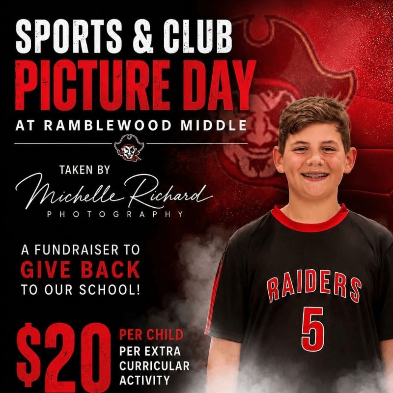A smiling boy in a black Raiders jersey stands in the foreground against a red background featuring a pirate mascot and promotional text for a school picture day fundraiser.