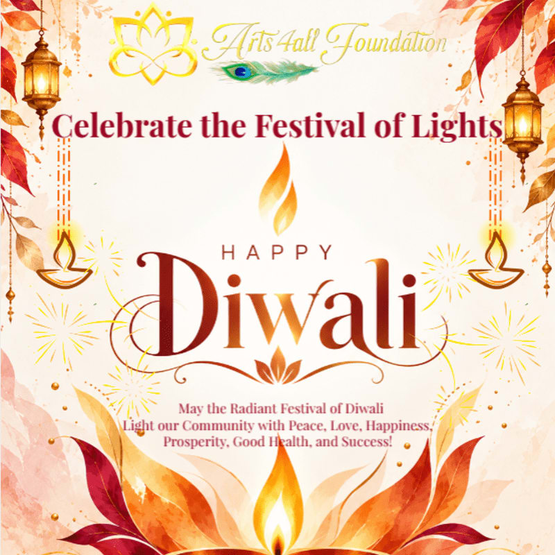 A "Happy Diwali" greeting is centered in the foreground, surrounded by glowing lamps and floral motifs against a bright, light-filled background.