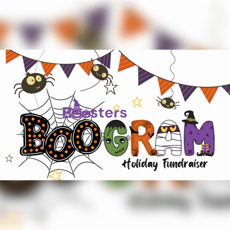 Colorful, monster-themed "BOOGRAM" text and spiders sit in the foreground against a white background featuring a spiderweb and festive bunting.