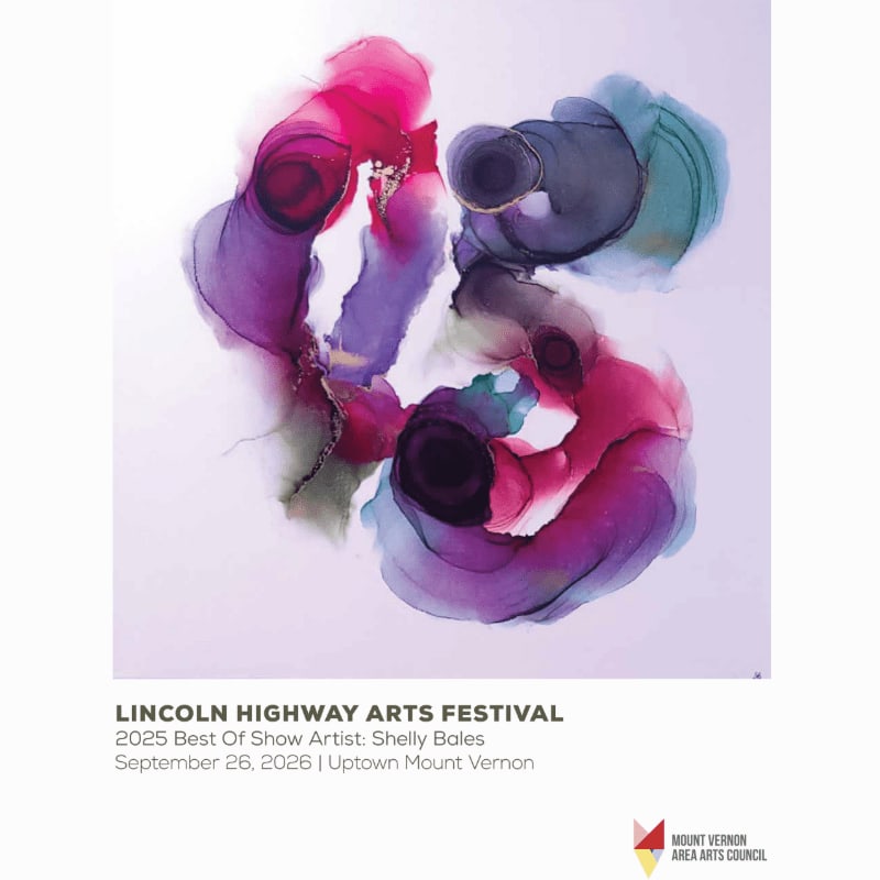 Abstract swirls of pink, purple, and blue ink float in the center against a plain white background, with event text and a logo positioned at the bottom.