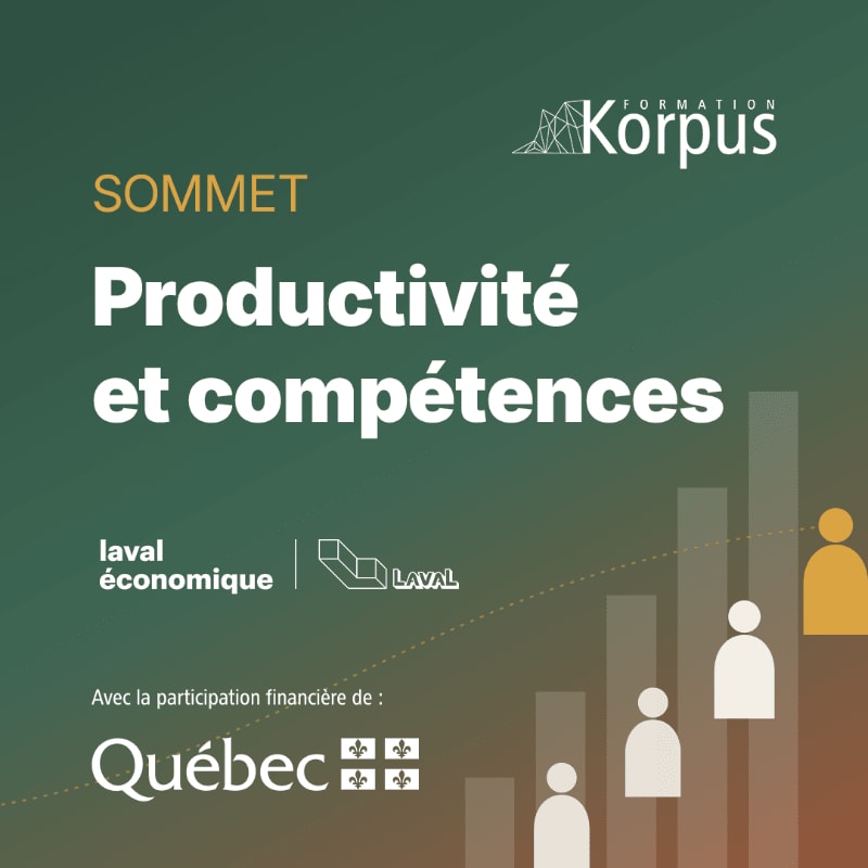 White and yellow French text is layered over a dark green background featuring a rising bar graph with stylized human figures.