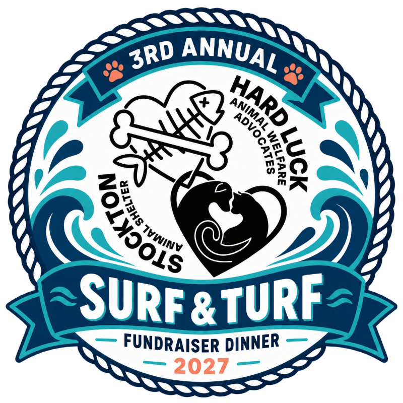A circular logo for the "3rd Annual Hard Luck Animal Welfare Advocates" and "Stockton Animal Shelter" Surf & Turf fundraiser dinner features animal-themed heart icons in the foreground against a background of stylized blue ocean waves and a rope border.
