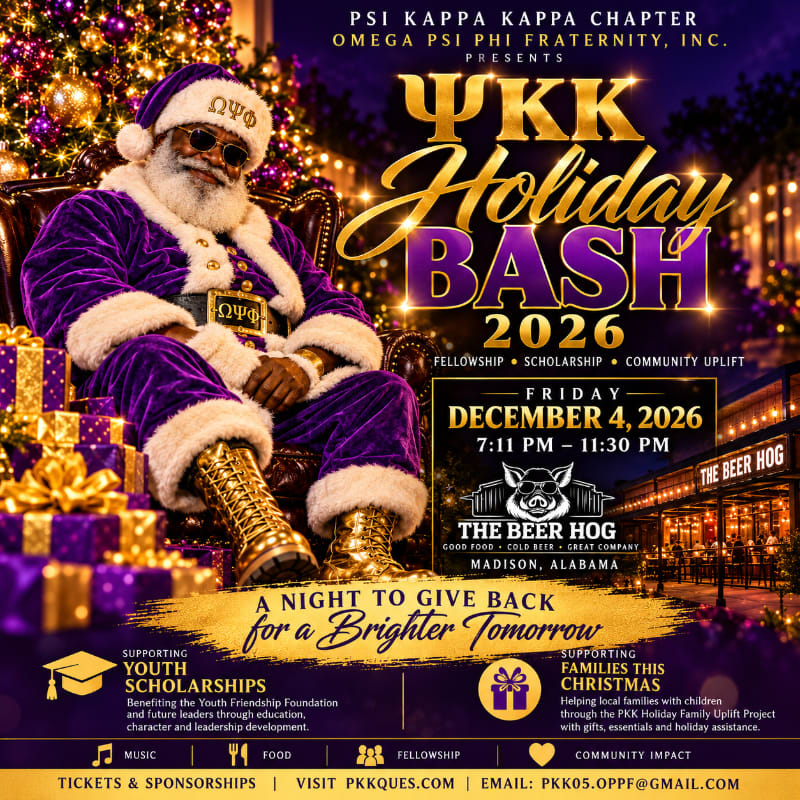 A man dressed as a purple-suited Santa Claus sits in a chair in the foreground, with a decorated Christmas tree and a night scene of "The Beer Hog" restaurant in the background.
