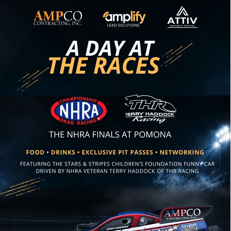 A promotional flyer for "A Day at the Races" featuring event details and corporate logos in the foreground against a dark, atmospheric background with a race car at the bottom.